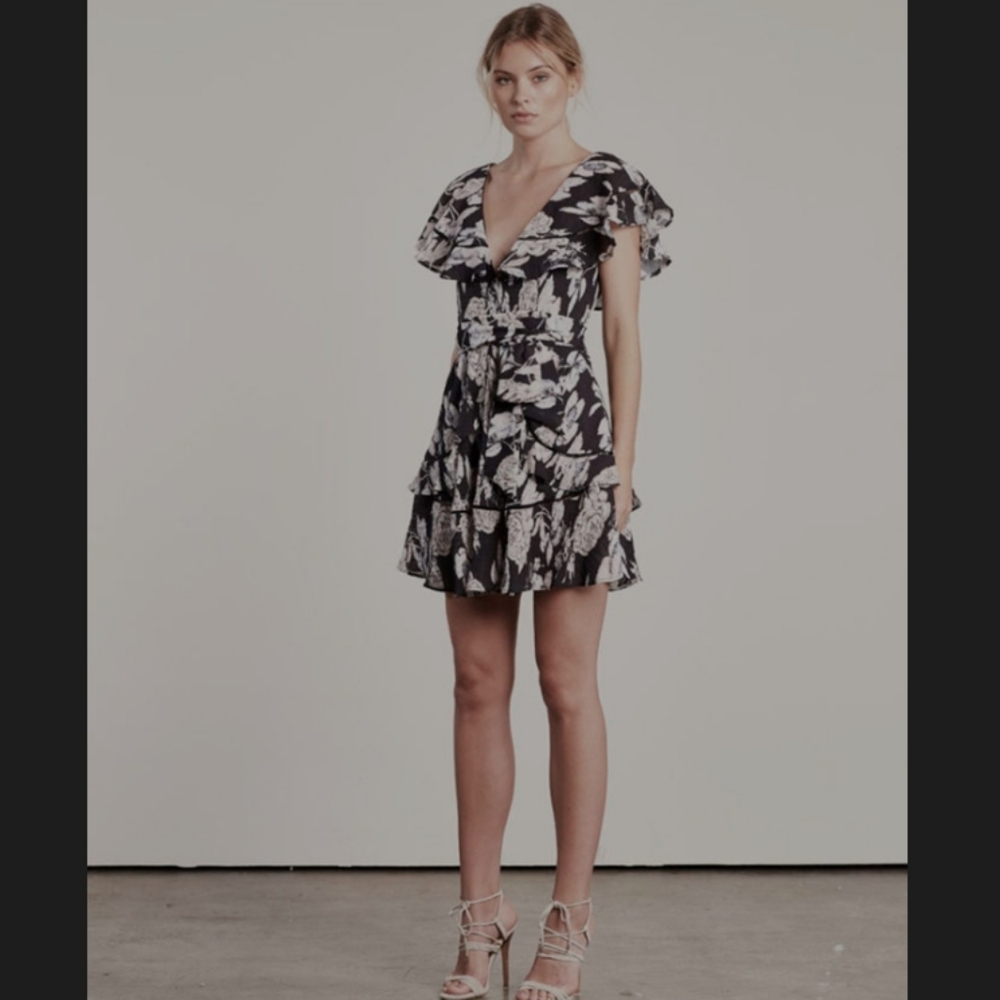 Elliatt Picard Black Floral Ruffle off the shoulder Deep V-Neck & Back S